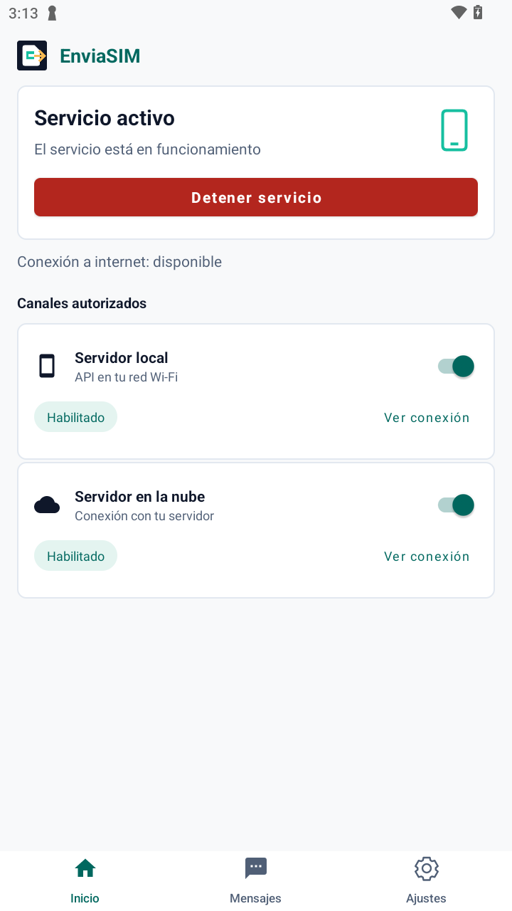 Pantalla de inicio de EnviaSIM en Android